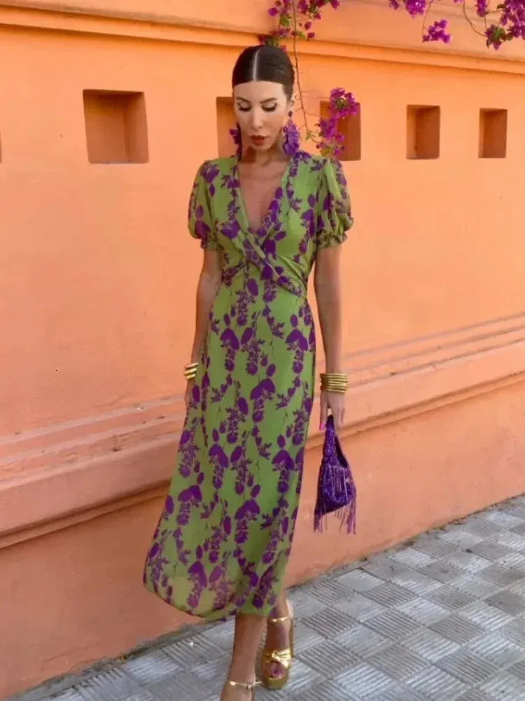 Vintage Print Twisted Midi Dress