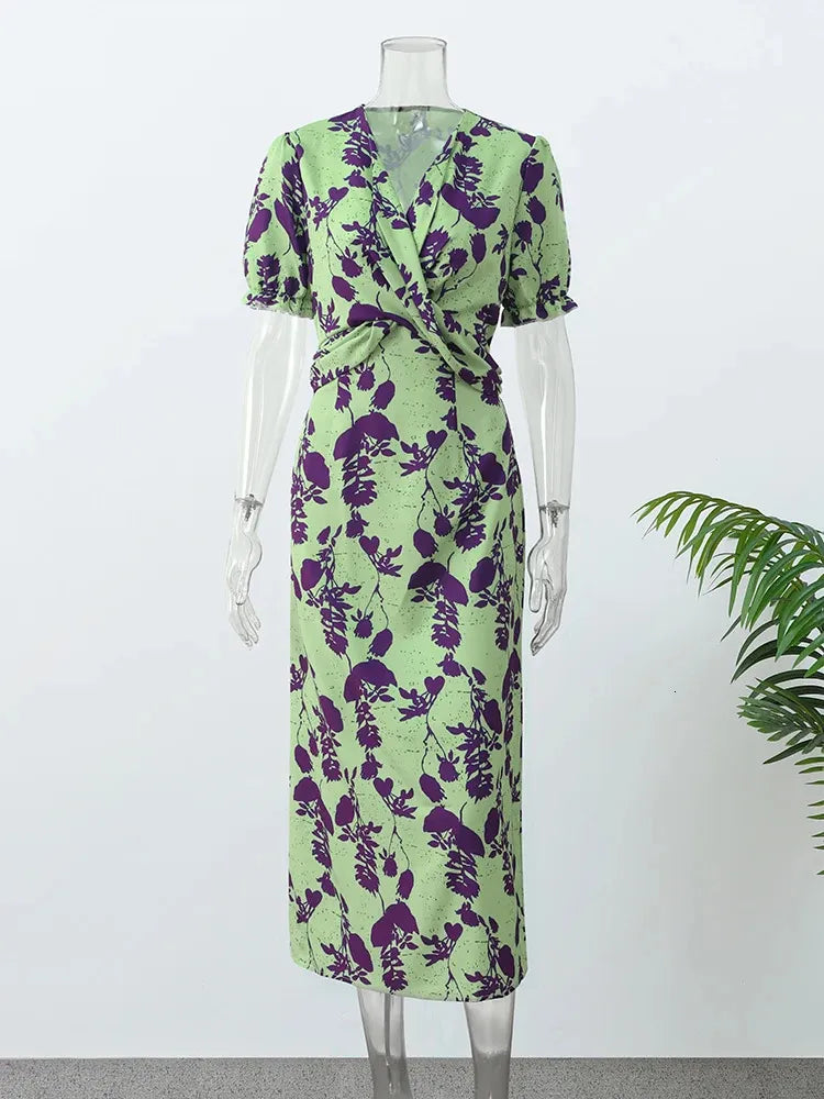 Vintage Print Twisted Midi Dress