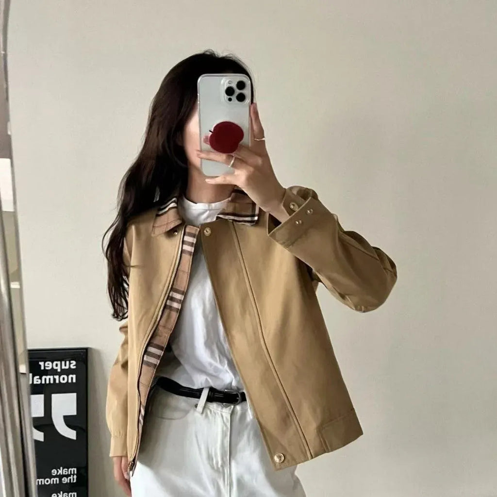 Classic Tan Zip-Up Jacket with Signature Plaid Lining
