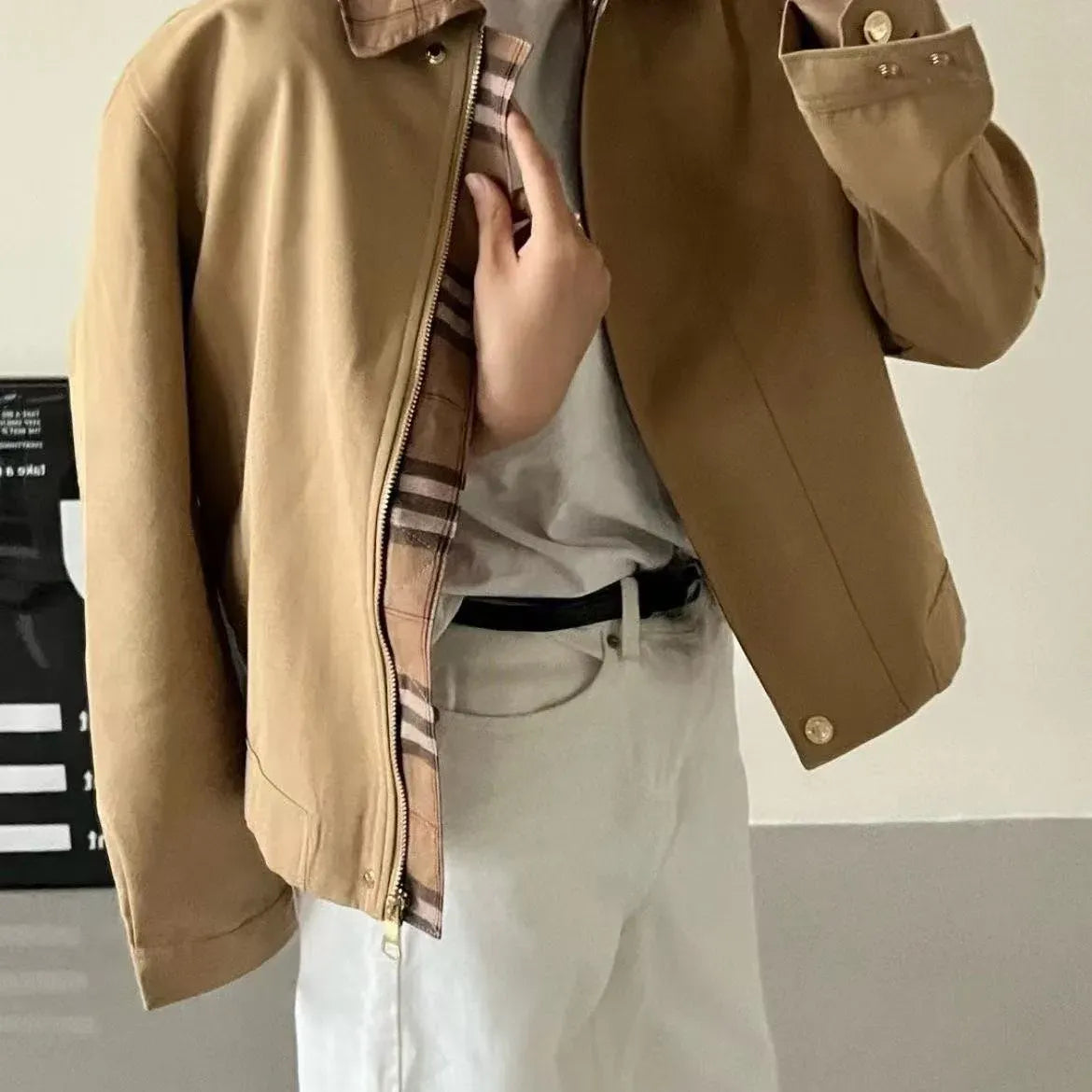 Classic Tan Zip-Up Jacket with Signature Plaid Lining