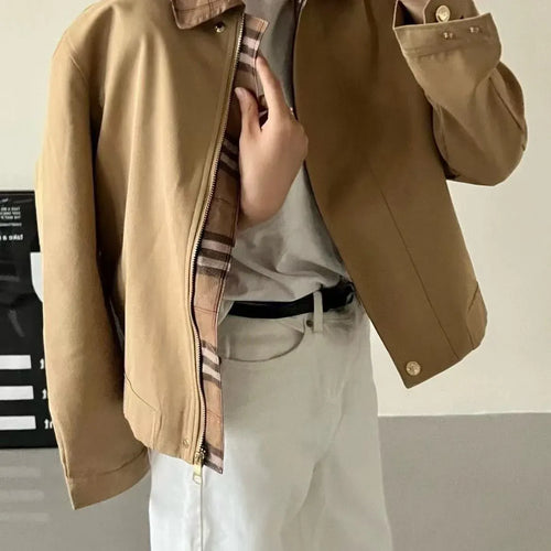 Classic Tan Zip-Up Jacket with Signature Plaid Lining